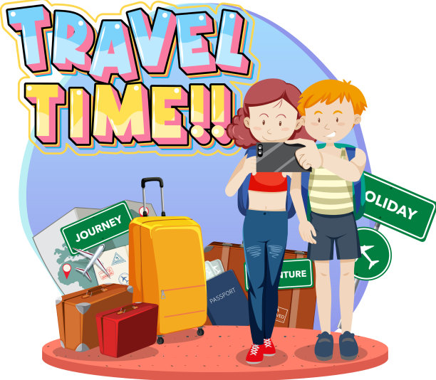 旅行时间排版标志与旅行者夫妇图片下载