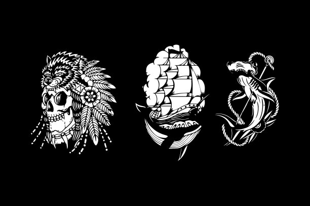 标志集设计头部骷髅鲸和船鲨图片下载