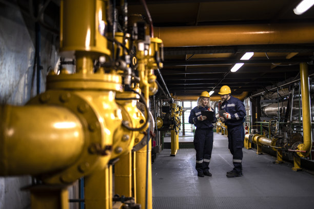 石油和天然气石化生产。工业或工厂工程师讨论气体储存和分配。图片下载