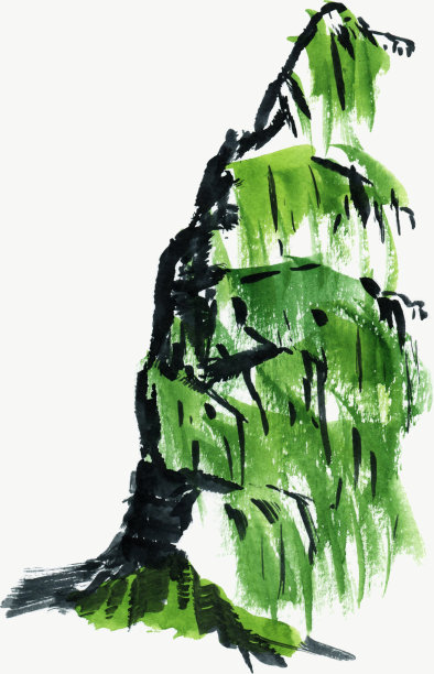 日本风格的水彩树。盆景。在太阳或月亮的光线照射下，岩石上的日本盆景的特写。以日本和中国风格绘画。图片下载