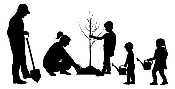 植树造景。一个大家庭的剪影，树苗，浇水罐和铲子。矢量图图片下载