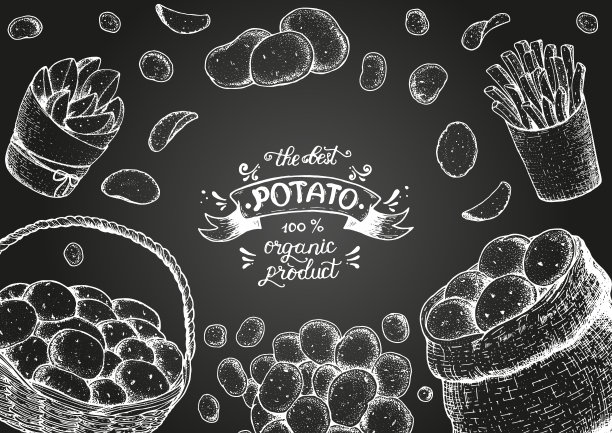 土豆矢量插图。一篮一袋的土豆。炸薯条，土制土豆和手绘薯片。雕刻风格的框架。图片下载