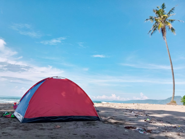 独自在海滩上露营图片下载