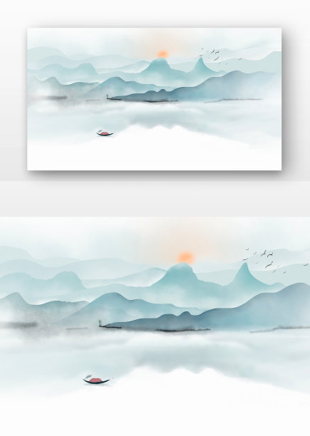 水墨风景孤舟落日画图片下载