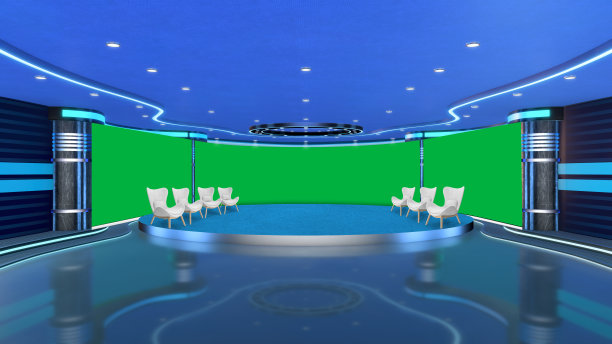 电视演播室，虚拟演播室设置。理想的绿屏合成。图片下载