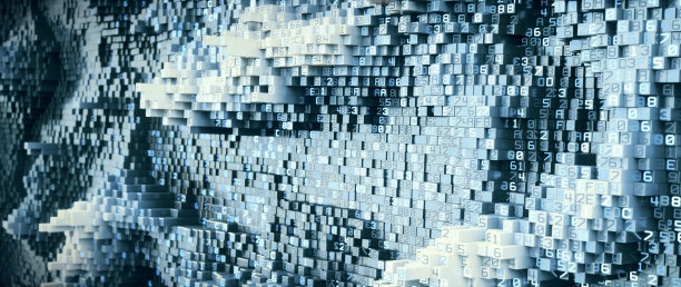 大数据图表图形化表示与一个领域的三维块形状与加密的计算机代码。数据挖掘、虚拟现实、数据库和未来技术领域的概念设计。广泛的水平组合。图片下载