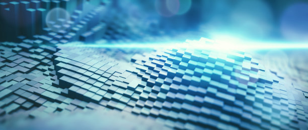 极端近距离的三维图形表示的计算机数据作为一个蓝色几何形状的浮雕地图。数据挖掘、虚拟现实、数据库和未来技术领域的概念设计。散焦，低角度设计。图片下载