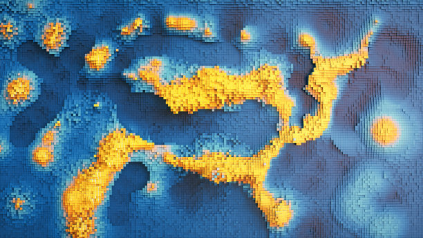 用蓝色和黄色几何形状的地形图表示计算机数据的大型三维图形。数据挖掘、虚拟现实、数据库和未来技术领域的概念设计。图片下载