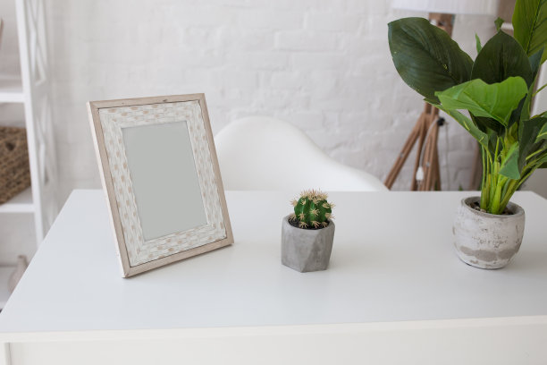 白色房间里的白色办公桌。桌子上有一个相框和一些绿色植物图片下载