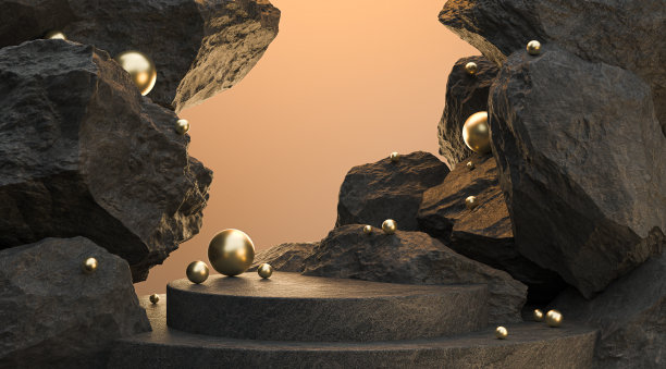 黑色几何石头和岩石形状的背景，舞台展示或展示的极简模型，3d渲染。图片下载