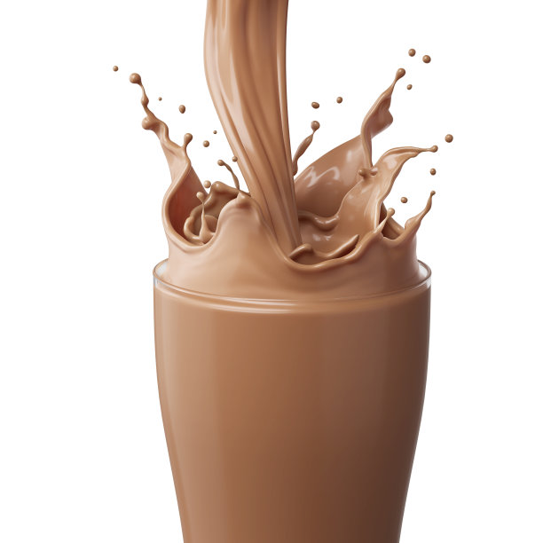 巧克力牛奶或可可洒在玻璃杯中，3d渲染。图片下载