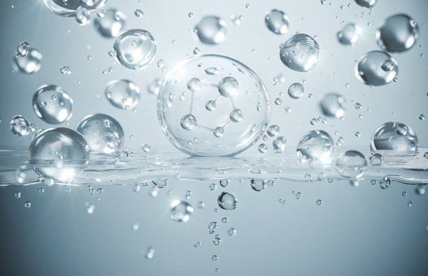 化妆品保湿水分子，化妆品精华，液体泡泡，水背景下液体泡泡中的分子，3d渲染图片下载