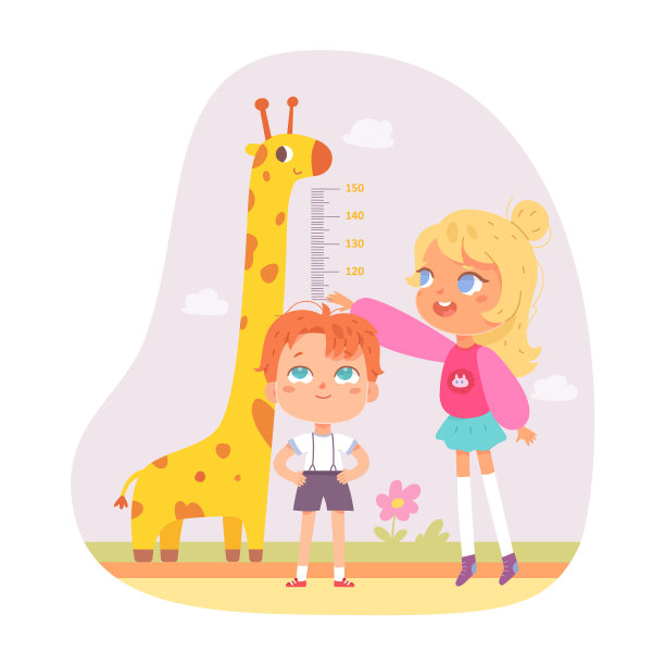 孩子们的朋友用尺子和长颈鹿测量身高图片下载