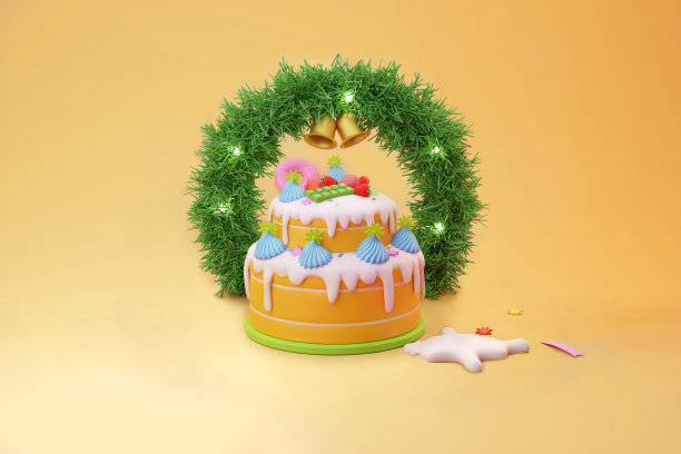 圣诞蛋糕和新年庆祝与红草莓，巧克力棒，绿茶和马卡龙顶部与三维插图花环图片下载