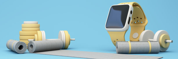 无线智能手表带红心和运动器材，运动健身器材，男女概念，瑜伽垫，哑铃，哑铃，健身鞋和脉搏手表宽屏。三维渲染图片下载