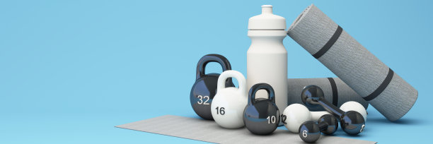 无线智能手表带红心和运动器材，运动健身器材，男女概念，瑜伽垫，哑铃，哑铃，健身鞋和脉搏手表宽屏。三维渲染图片下载