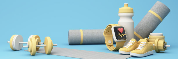 无线智能手表带红心和运动器材，运动健身器材，男女概念，瑜伽垫，哑铃，哑铃，健身鞋和脉搏手表宽屏。三维渲染图片下载