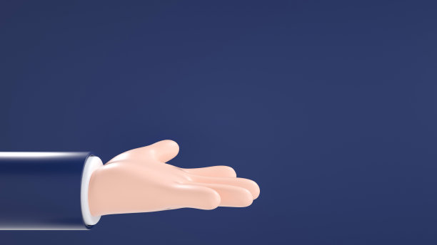 手模仿卡通人物物品的支撑。有五个手指的手。手放在蓝色背景上。三维渲染图片下载