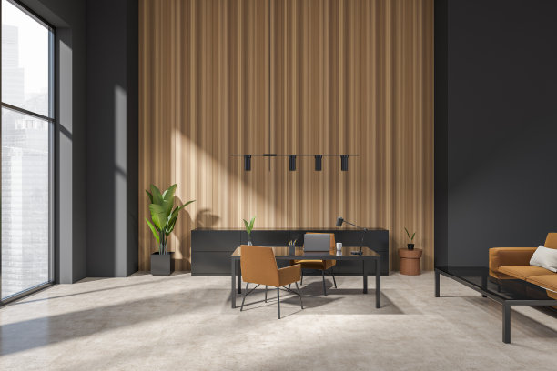 灰色办公室内部设有座椅、办公桌、沙发和全景窗图片下载