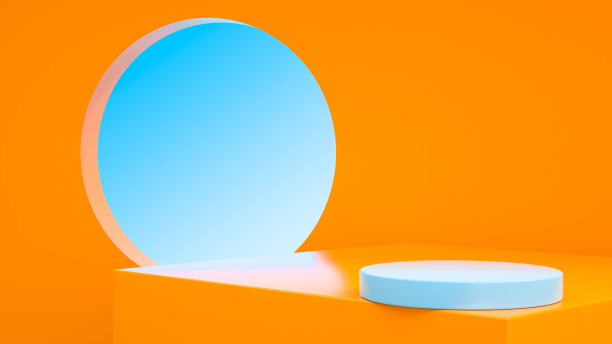 领台在黄色的房间里，用窗户向美丽的蓝天，产品展示架——3D渲染图片下载