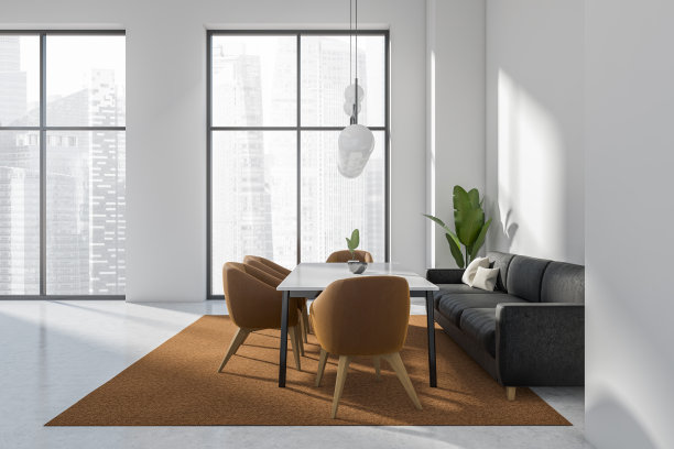 现代化的会议室内部配有沙发、桌子和座椅，全景窗图片下载