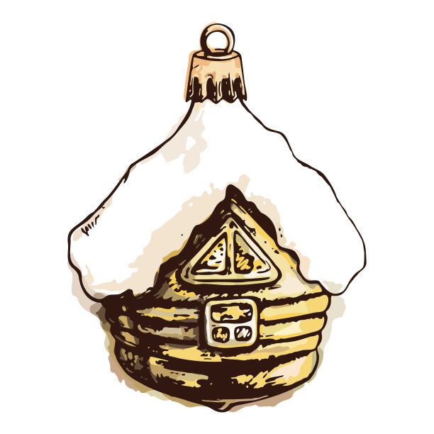 数字水彩新年圣诞树玻璃雪盖房子玩具孤立素描彩色矢量艺术图片下载