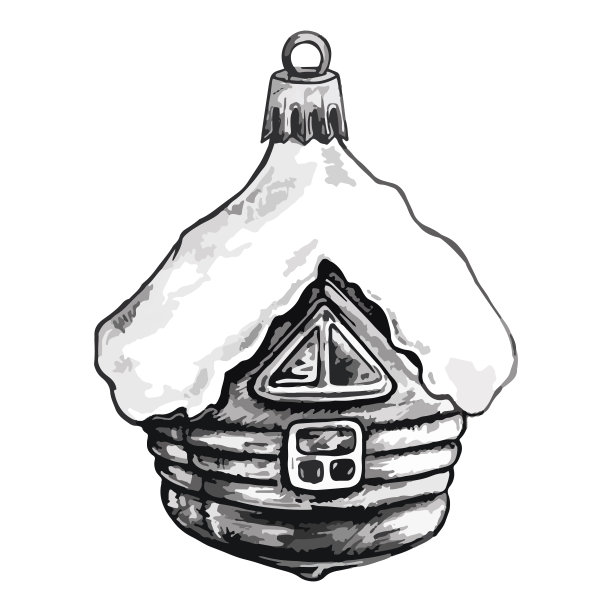 数字水彩新年圣诞树玻璃雪盖房子玩具孤立单色素描数字矢量线艺术图片下载