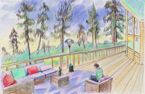 一个女人站在乡间别墅的阳台上图片下载