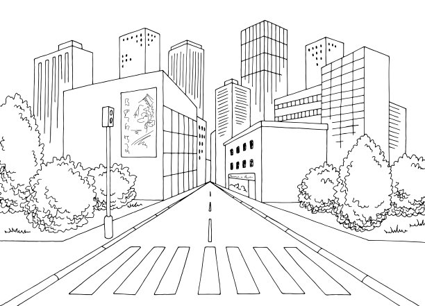 人行横道街道道路图形黑白城市景观素描插图矢量图片下载