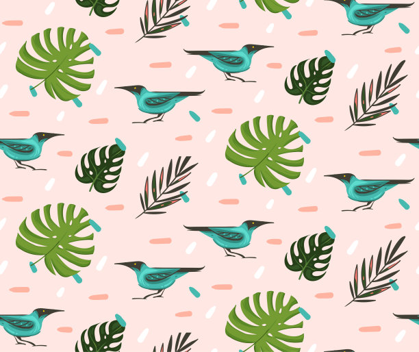 手绘矢量抽象卡通夏季时间图形插图艺术无缝图案与异国情调的热带棕榈叶绿色蜜雀鸟孤立在粉红色粉彩背景图片下载