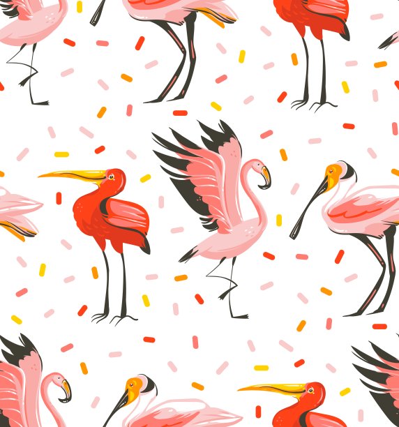 手绘矢量抽象卡通夏季时间图形插图艺术无缝图案异国热带鸟类火烈鸟，朱鹮，玫瑰spobill孤立在白色背景图片下载