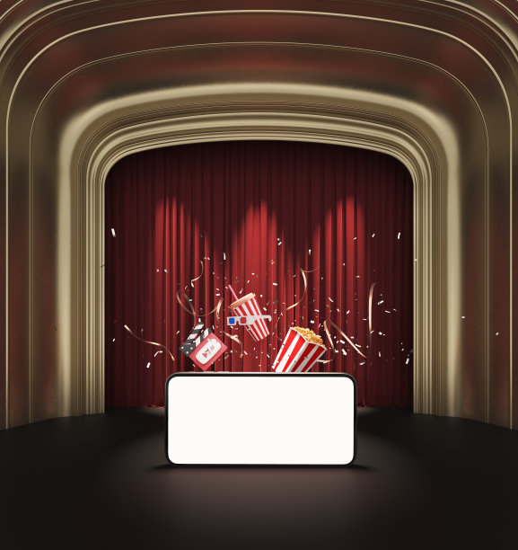 剧院舞台的幕布展示聚光灯。在智能手机上用爆米花、隔板观看在线娱乐媒体电影。图片下载