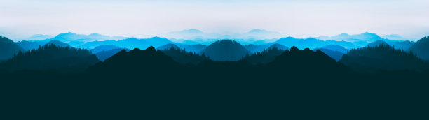 蓝色景观背景横幅全景插图-“美丽的景色与黑色轮廓的山脉，丘陵和森林图片下载