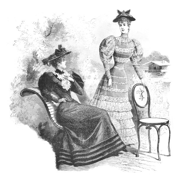 优雅的女人在历史的时尚服装-复古雕刻插图图片下载