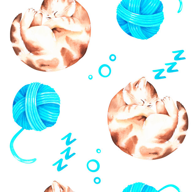 小猫睡在一个毛线团里。无缝模式。水彩孤立的插图图片下载