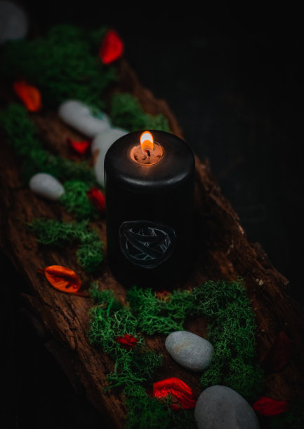 仪式用黑蜡烛、青苔、蜡烛、干花和石头在树皮上涂黑。图片下载