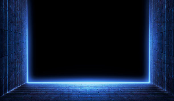 3D渲染蓝色空框墙面霓虹灯黑色背景图片下载