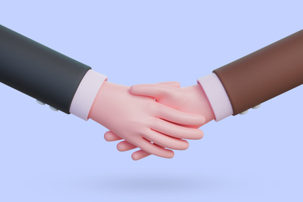 卡通人物握手。商业剪贴画与剪贴路径隔离在紫色背景上。3 d渲染。图片下载