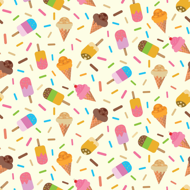 色彩鲜艳的冰淇淋和冰棒无缝图案与洒在灯光背景。图片下载