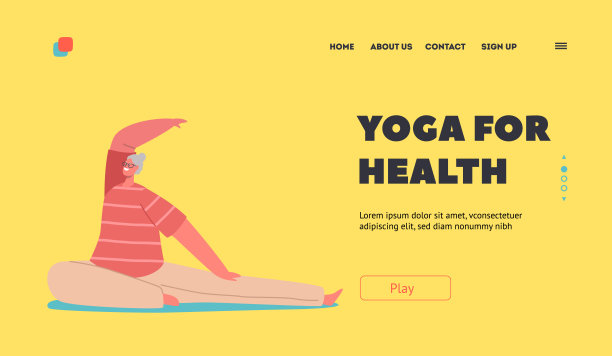 瑜伽健康着陆页面模板。高级女性角色在运动服参与瑜伽练习。普拉提运动类图片下载