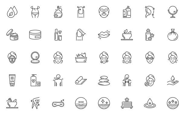 个人护理线性图标套装，包含健康护理、皮肤护理、水疗和美容图片下载