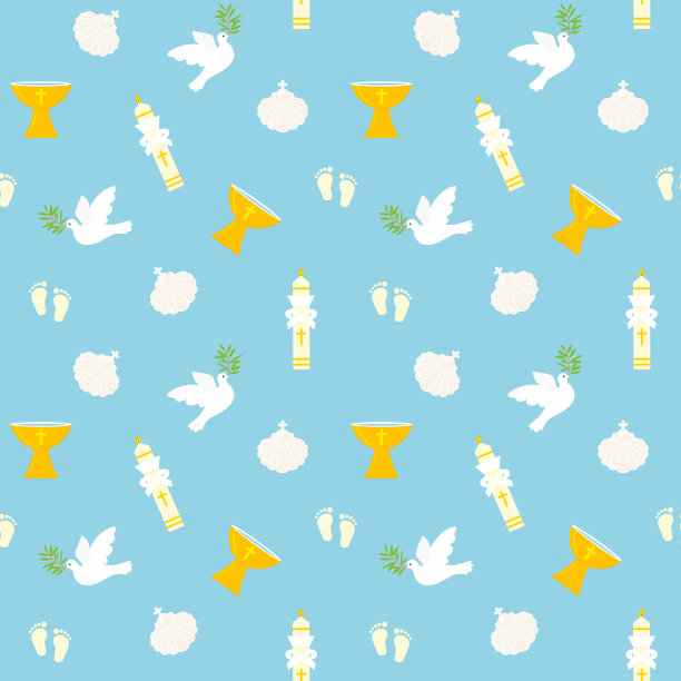 无缝洗礼图案，婴儿脚，洗礼池，贝壳，圣鸽，蜡烛，非常适合包裹，纺织，墙纸，贺卡图片下载