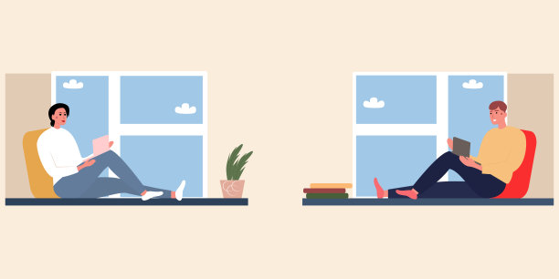 卡通男女在电脑前工作，在隔离期间，坐在家里的窗户上。在线工作和交流理念。平面向量。图片下载