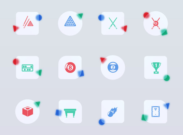 台球玻璃形态时尚风格图标。台球透明玻璃彩色矢量图标与彩色数字。用于网页和UI设计，移动应用程序和促销商业广告图片下载