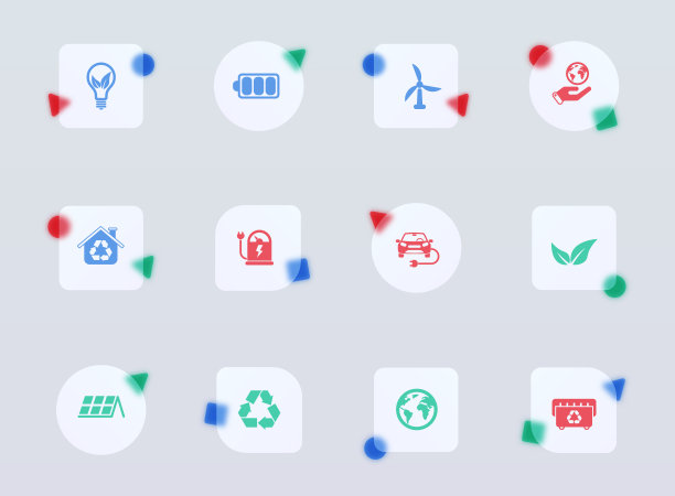 替代能源玻璃形态时尚风格的图标。可替代能源透明玻璃彩色矢量图标与彩色数字。用于网页和UI设计，移动应用程序和促销商业广告图片下载