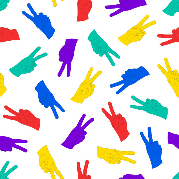 矢量彩色无缝hipster图案-时尚复古风格80 - 90年代。抽象的潮流背景，象征着胜利与和平。明亮的无尽的打印图片下载