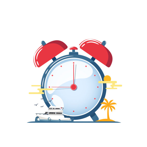 闹钟的概念它的假期时间与渡轮，太阳，海浪，岛屿和椰子树图片下载