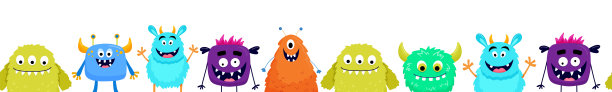 无缝边界与可爱的彩色怪物。有趣的酷卡通毛茸茸的怪物，外星人幼稚的卡片和书。矢量无尽的边界在白色背景。图片下载