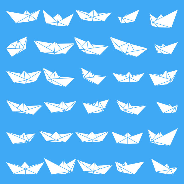 一套矢量插图的纸船图标。轮廓简单的工艺纸船孤立在蓝色背景。象征着旅行和海洋。图片下载