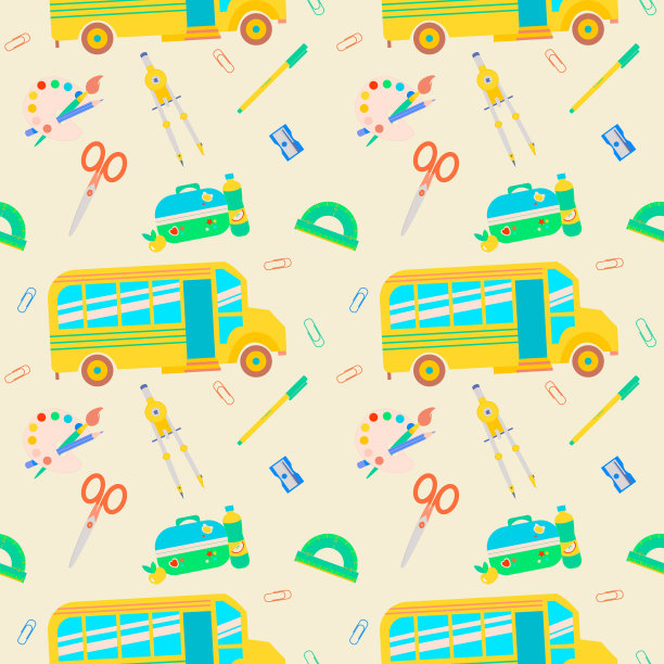 无缝图案与尺子，校车，指南针，剪刀，卷笔刀，午餐盒。矢量平面插图为青少年或儿童。图片下载